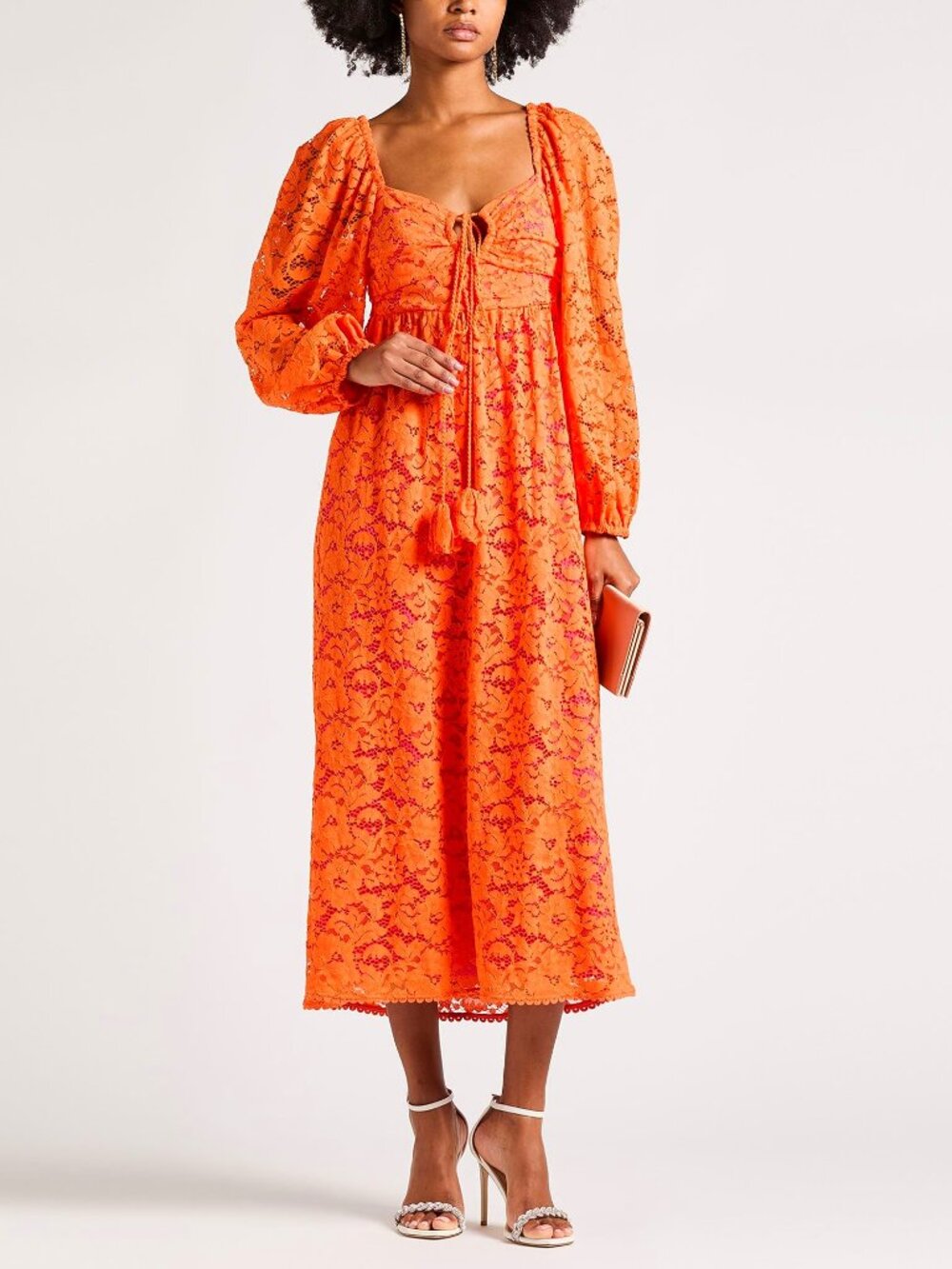 GORGEOUS Farm Rio Orange Lace Long Sleeve Midi Dress sz L NWT